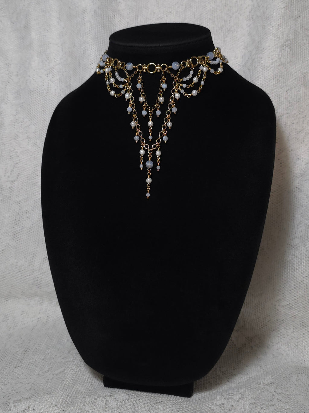SUFFUSE | Gold, Blue Lace Agate & Pearl Renaissance Inspired Choker