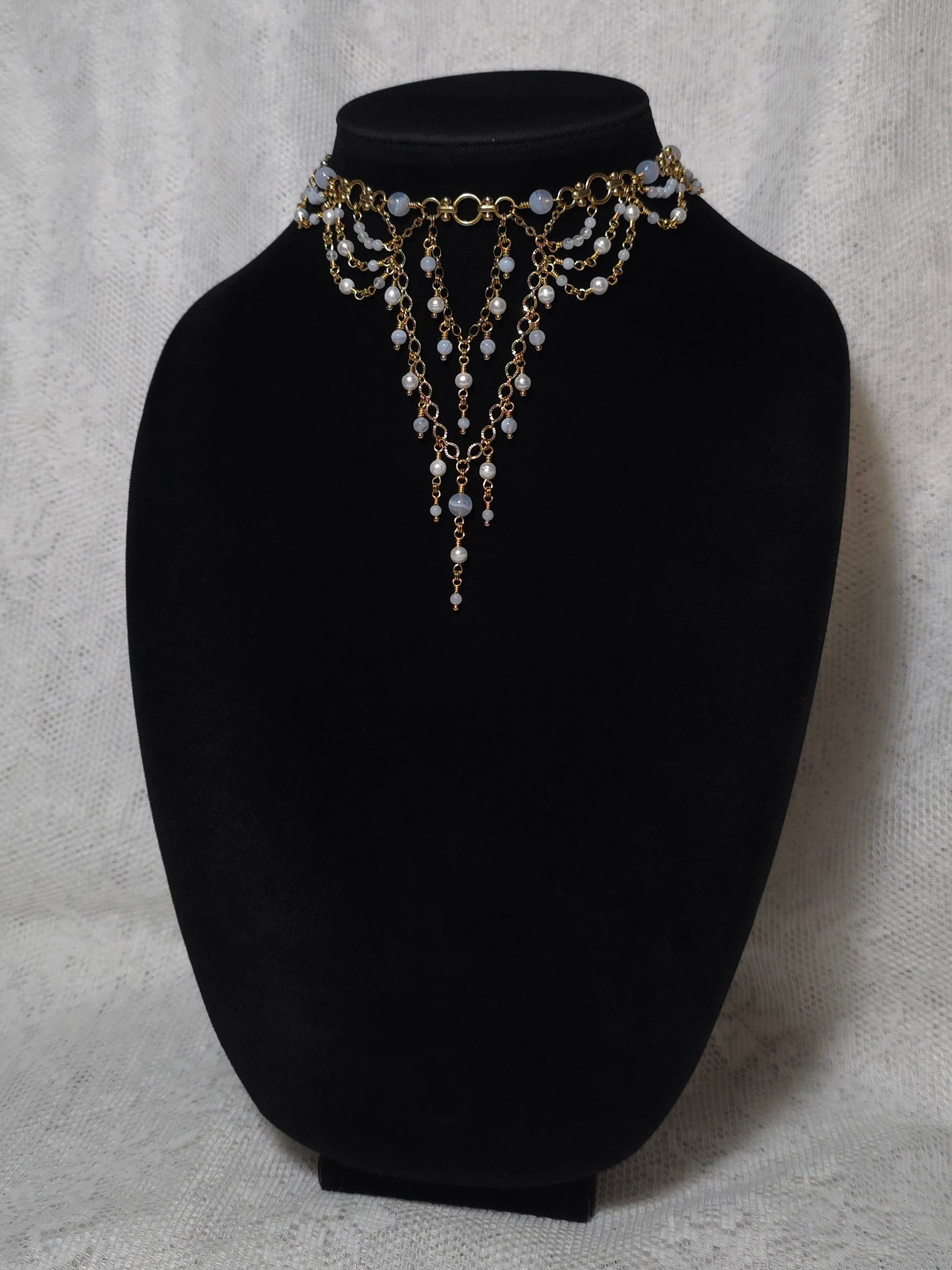 SUFFUSE | Gold, Blue Lace Agate & Pearl Renaissance Inspired Choker