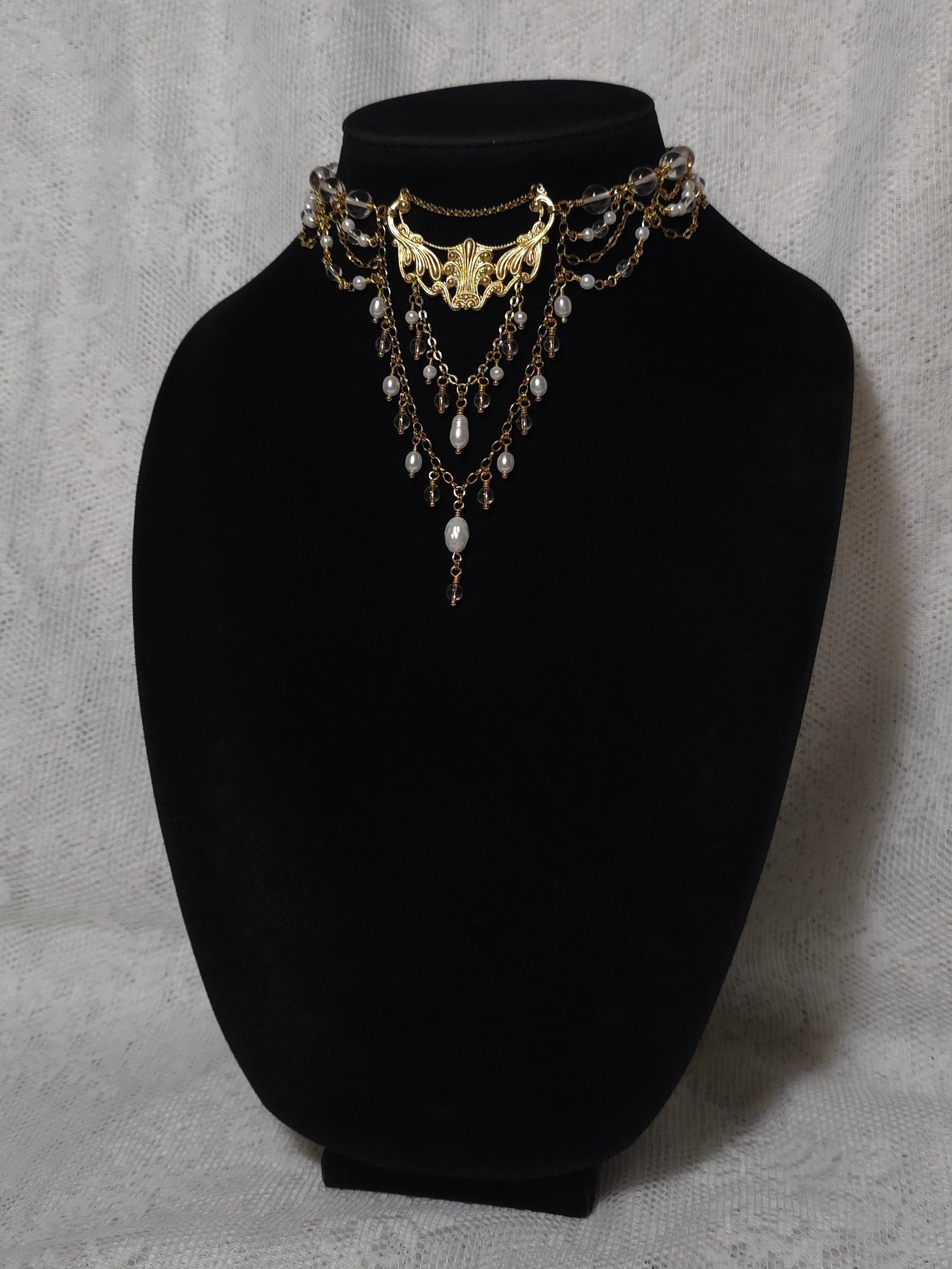 MOONLIT EFFULGENCE | Gold, Clear Quartz & Pearl Renaissance Inspired Choker