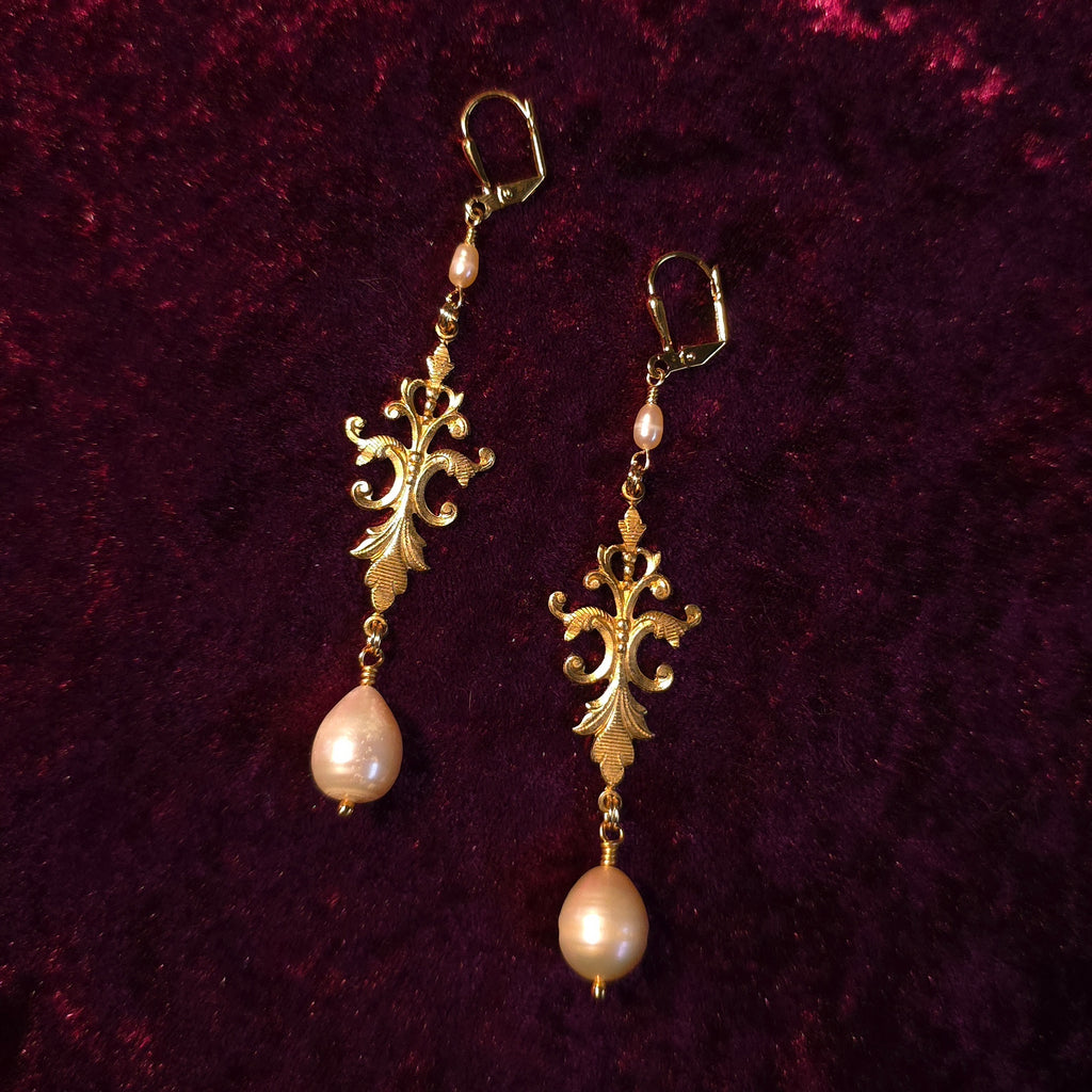EVE | Gold & Peach Pearl Renaissance Inspired Earrings with Stainless Steel Lever Back