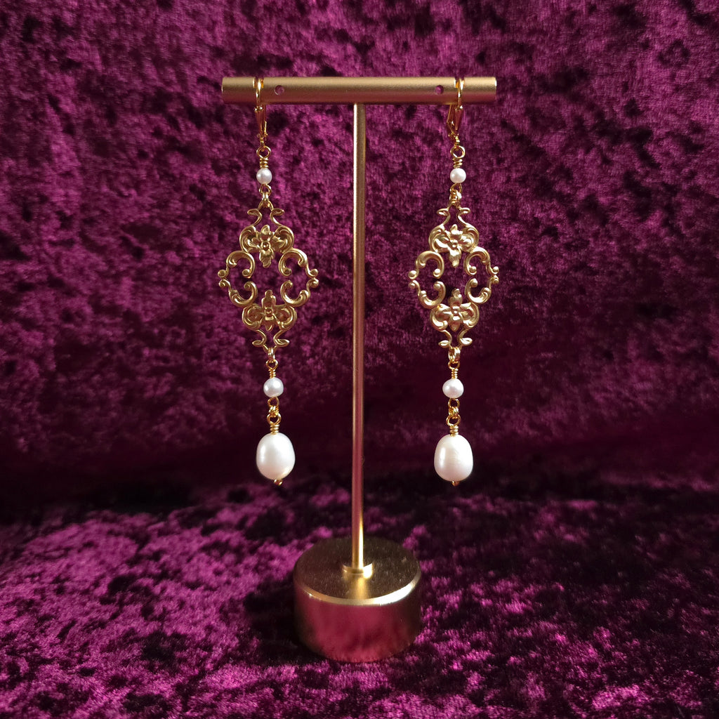 BOUND | Gold & Freshwater Pearl Renaissance Inspired Earrings with Stainless Steel Lever Back