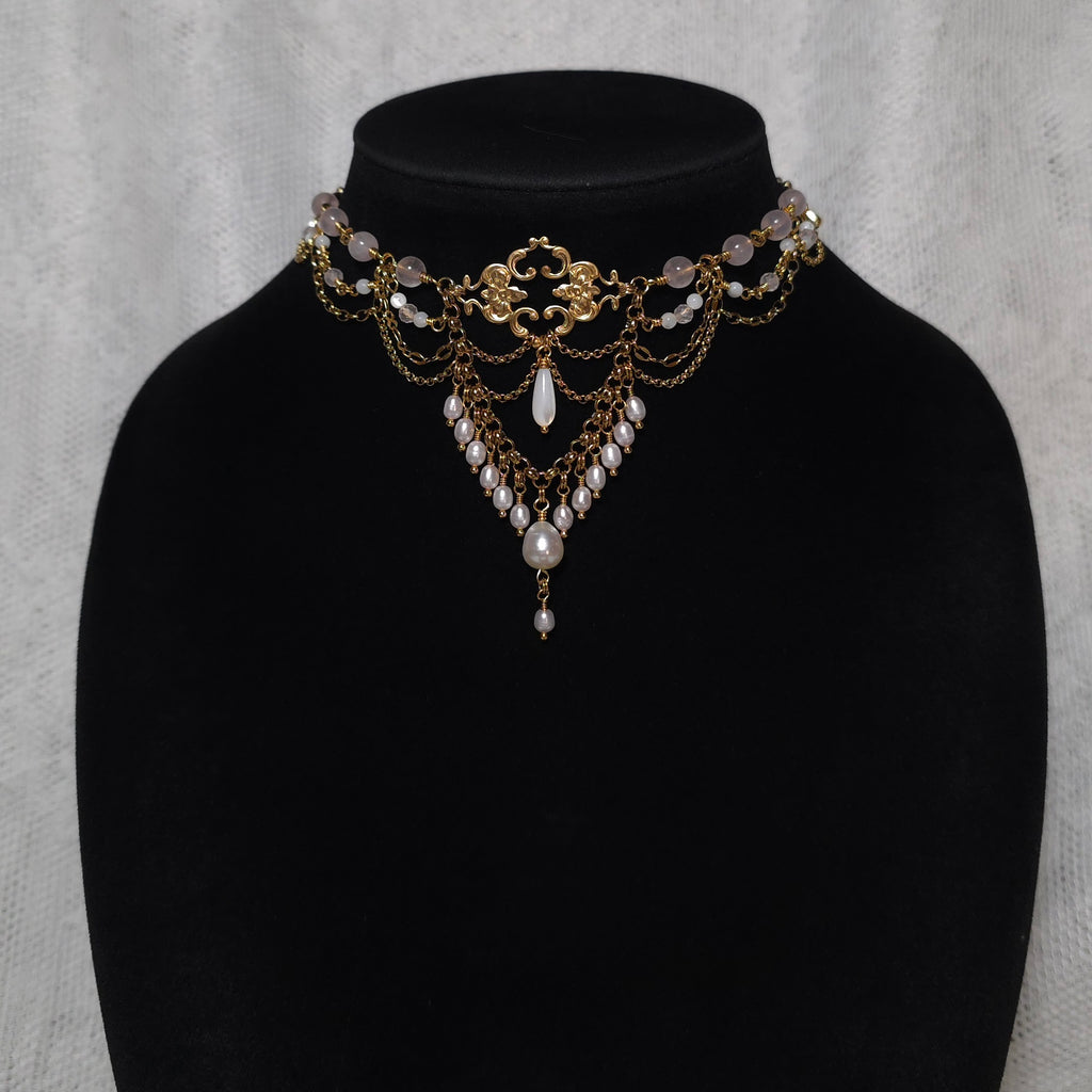 RELINQUISH | Gold, Rose Quartz & Pearl Renaissance Inspired Choker
